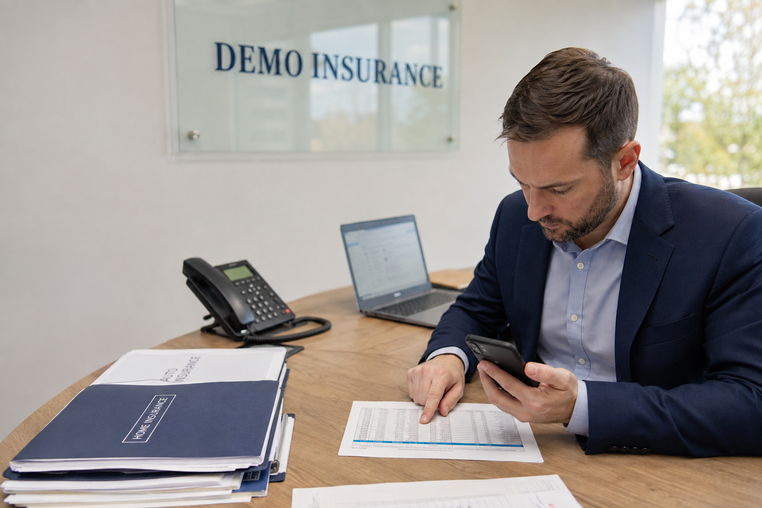 An insurance agent cross-checking a lead sheet with a phone in an illustrative insurance office