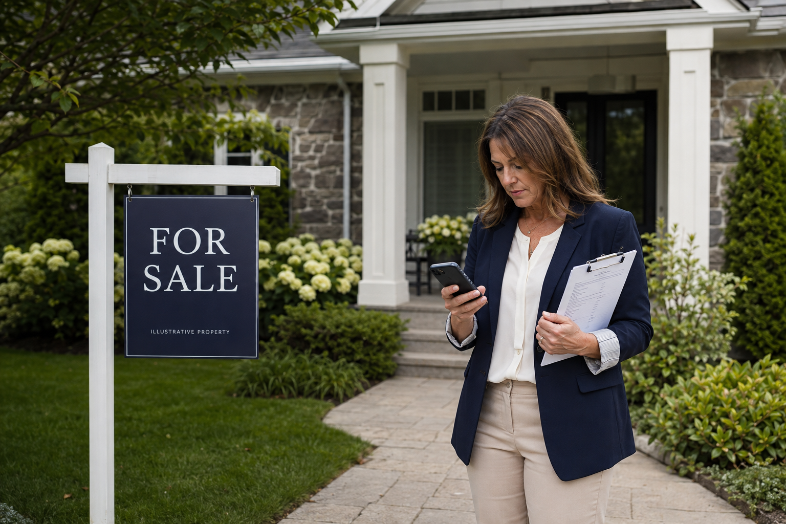 A real estate agent using her phone outside a house beside an illustrative For Sale sign